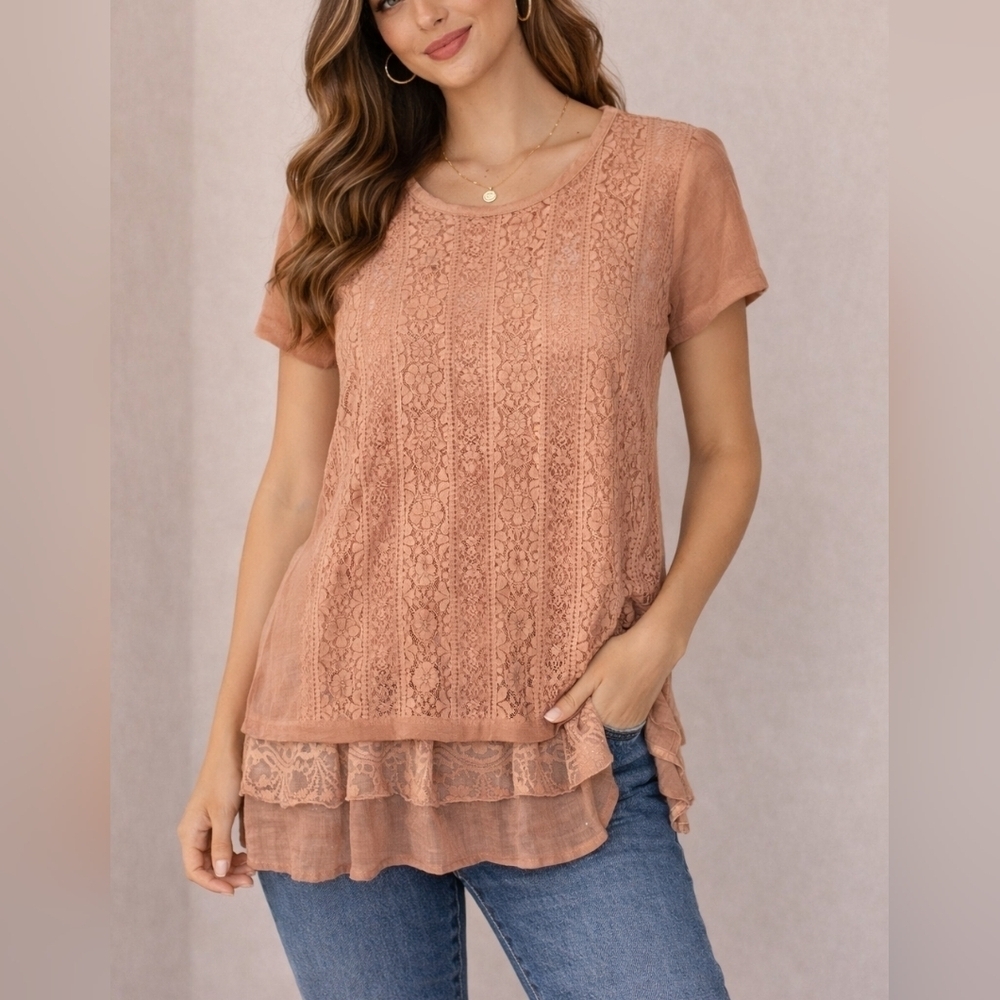 ALI MILES Blush Pink Lace Overlay Ruffle Short Sleeve Shabby Chic Tunic